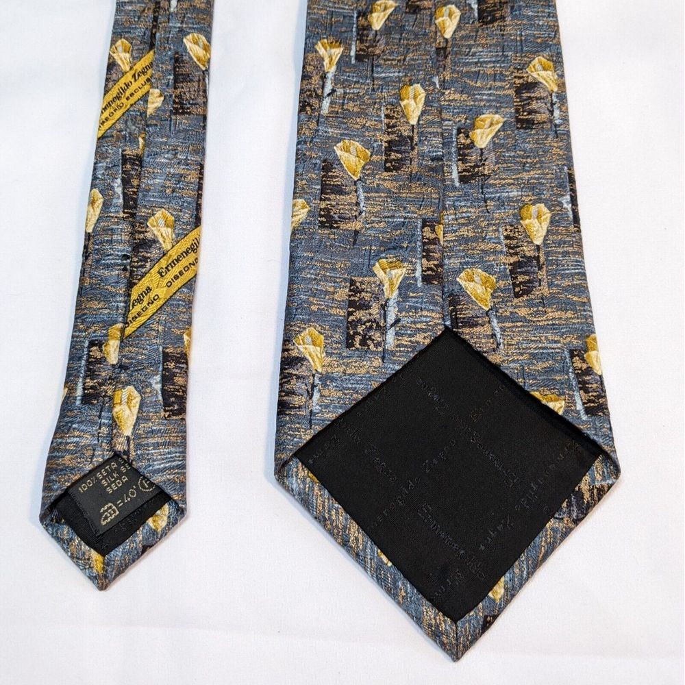Ermenegildo Zegna‎ Men's Neck Tie 100% Silk Italy Luxury 56" Gray Gold Pattern - Picture 5 of 8